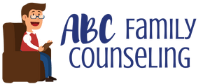 ABC Family Counseling logo: an illustrated therapist seated in an armchair beside the practice name