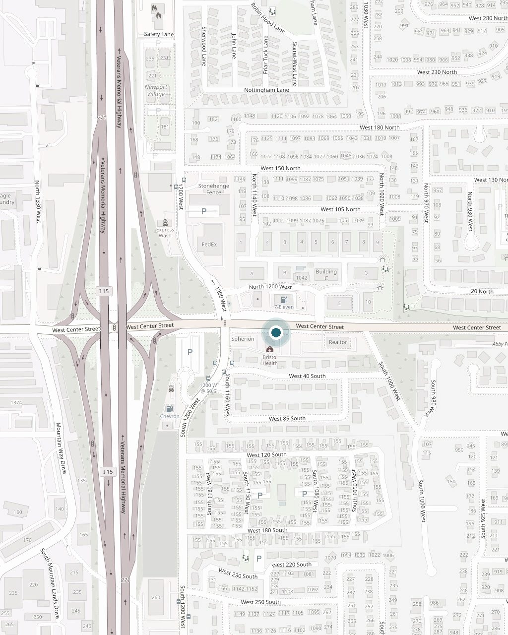 Map of West Center Street in Orem, Utah, with the office at 1149 W Center St marked between Interstate 15 and the town centre