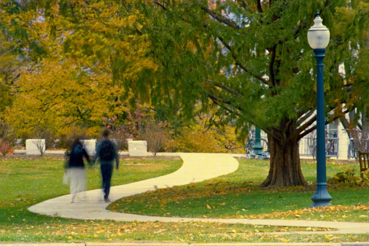 Two people walking along a path through an autumn campus
