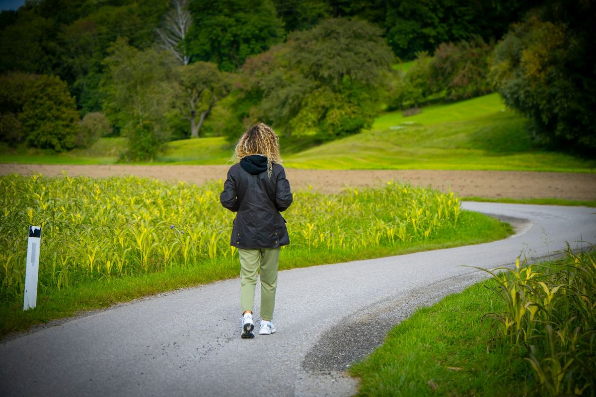 A person walking along a winding road through open fields