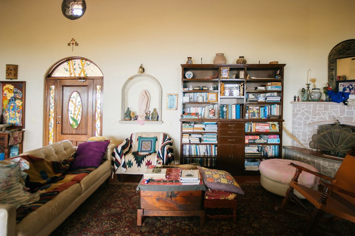 A cosy living room with bookshelves and eclectic decor