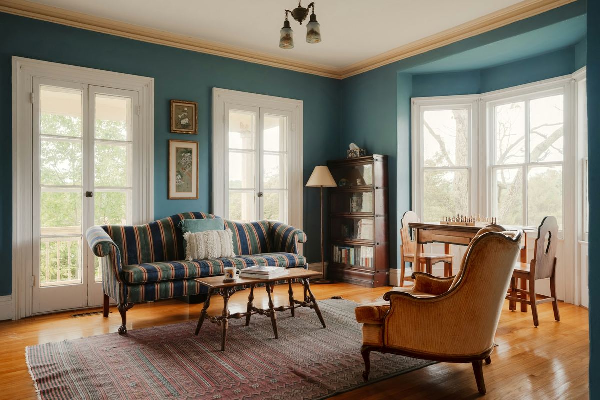 A living room with a striped sofa and large windows