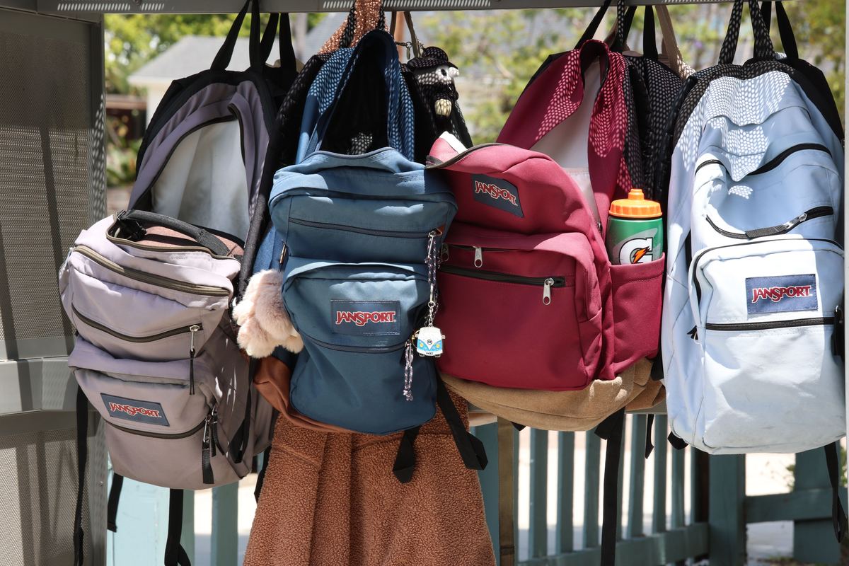 Colourful backpacks hanging on hooks in daylight