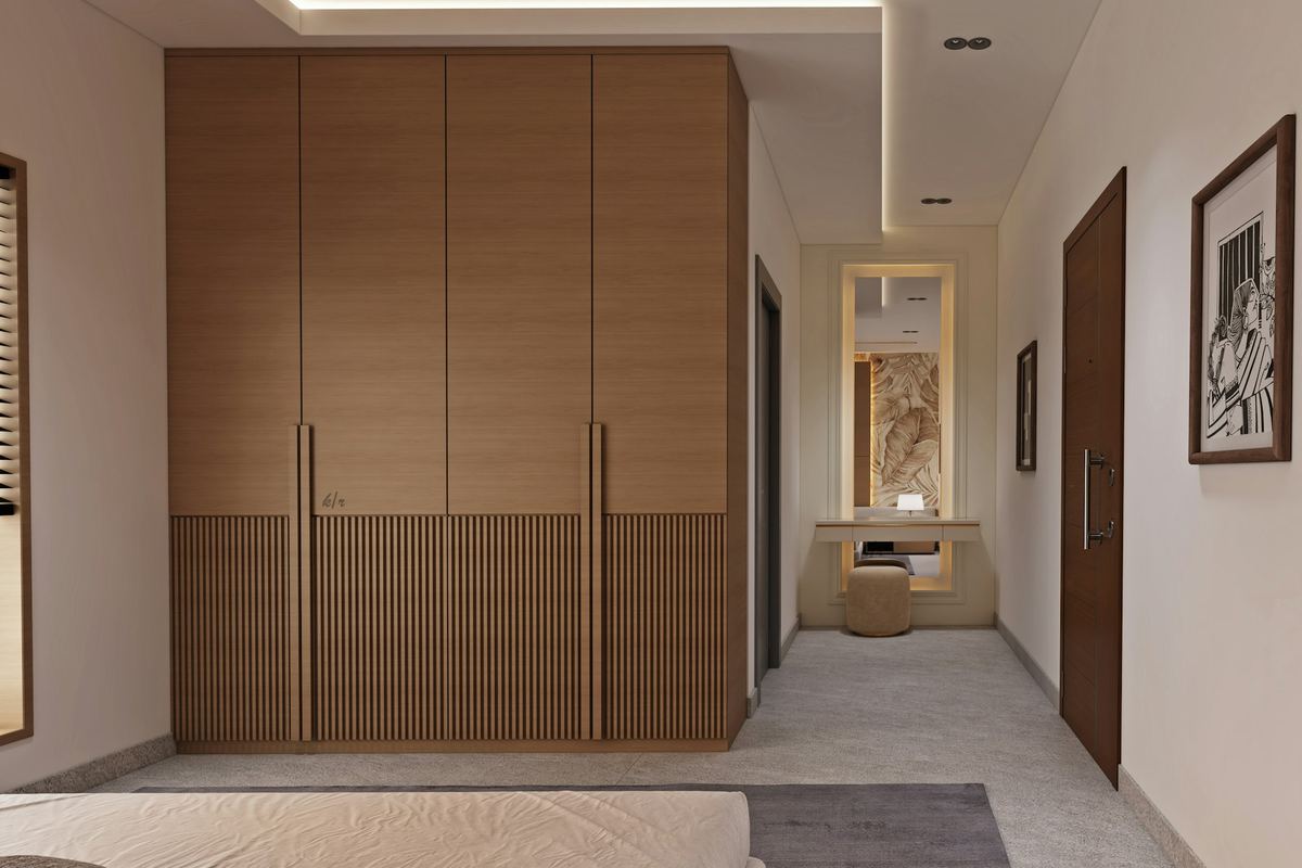 A quiet upstairs hallway with wardrobe doors