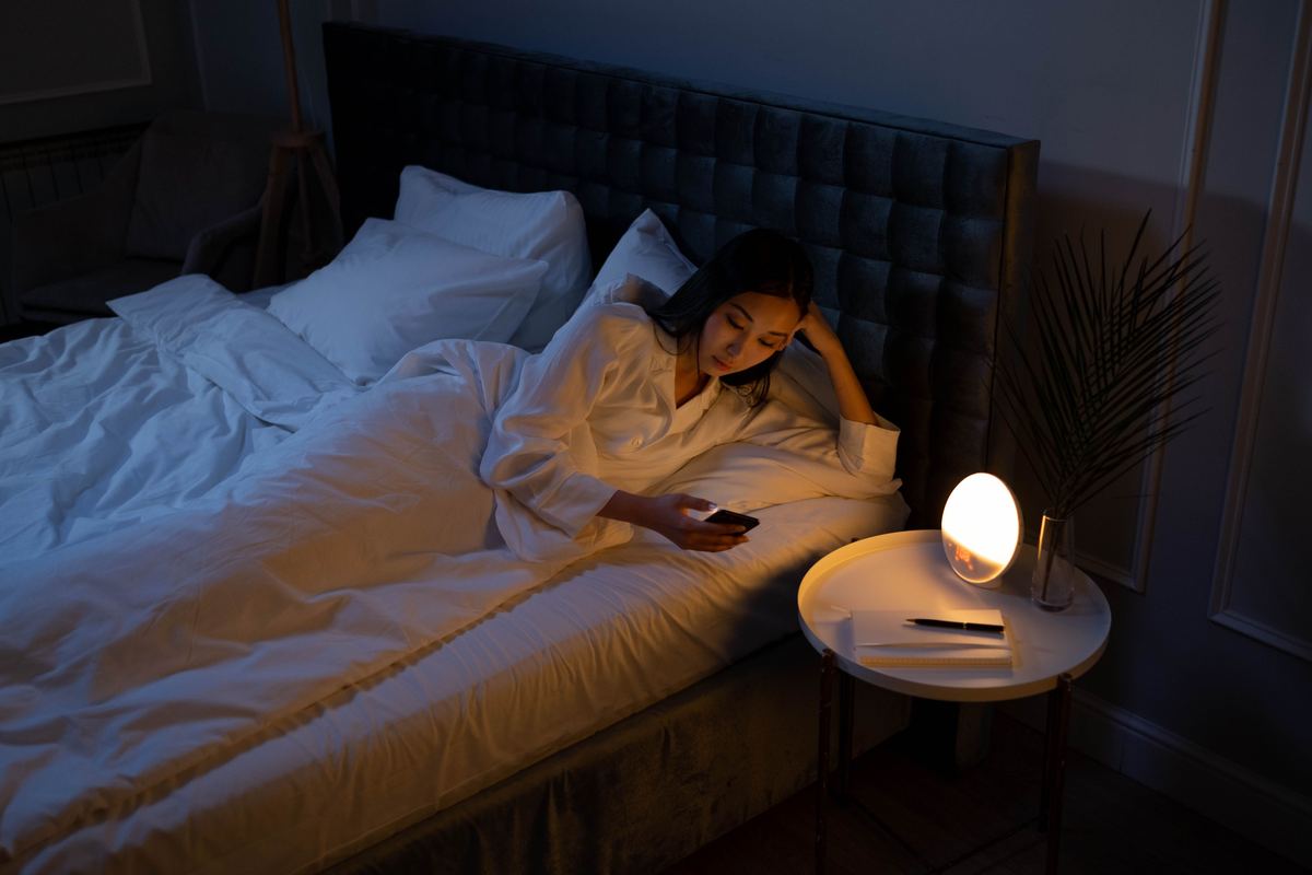 A person lying awake in bed looking at a phone in a dim room
