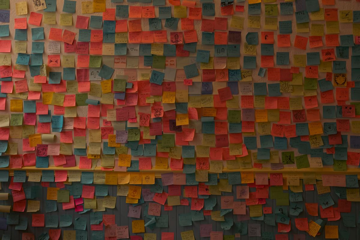 Coloured sticky notes arranged across a wall
